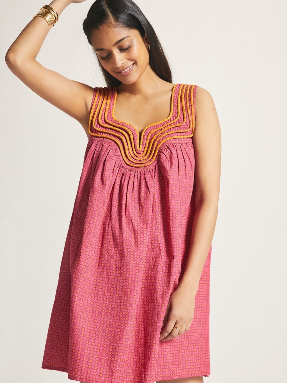 Anthropologie Let Me Be XL Pink Boho Swing Tunic Dress Embroidered Neck